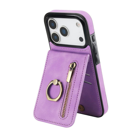 Compatible with iPhone 18 Pro Max & 17 Pro Max Retro Ring and Zipper RFID Card Slot Phone Case - Purple