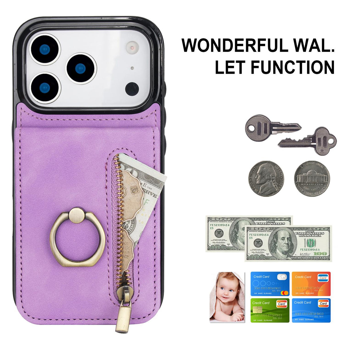 Compatible with iPhone 18 Pro Max & 17 Pro Max Retro Ring and Zipper RFID Card Slot Phone Case - Purple