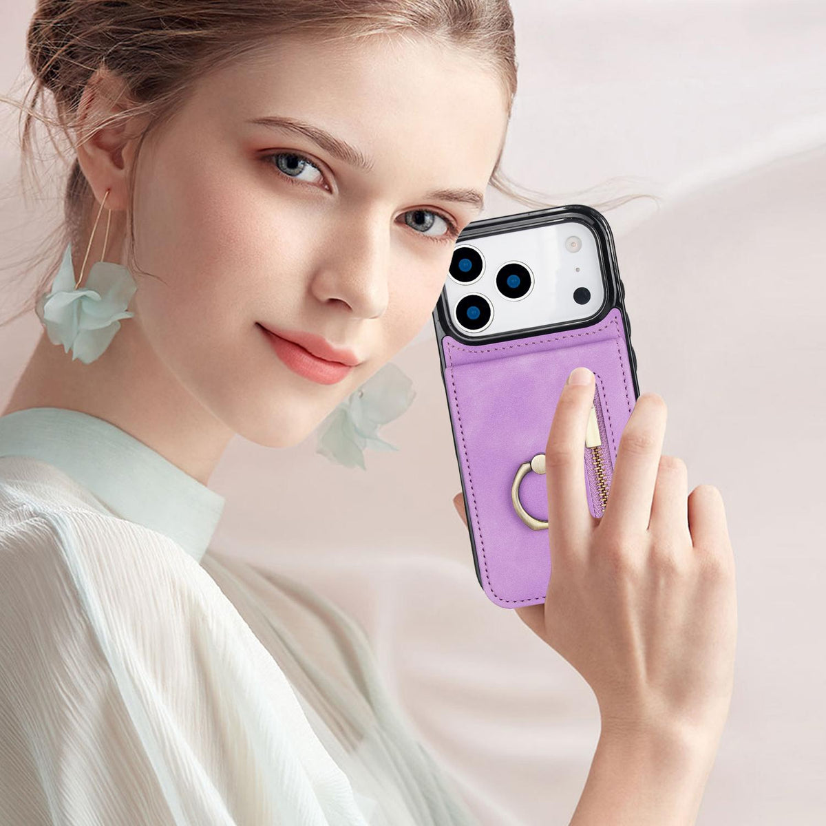 Compatible with iPhone 18 Pro Max & 17 Pro Max Retro Ring and Zipper RFID Card Slot Phone Case - Purple