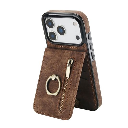Compatible with iPhone 18 Pro Max & 17 Pro Max Retro Ring and Zipper RFID Card Slot Phone Case - Brown