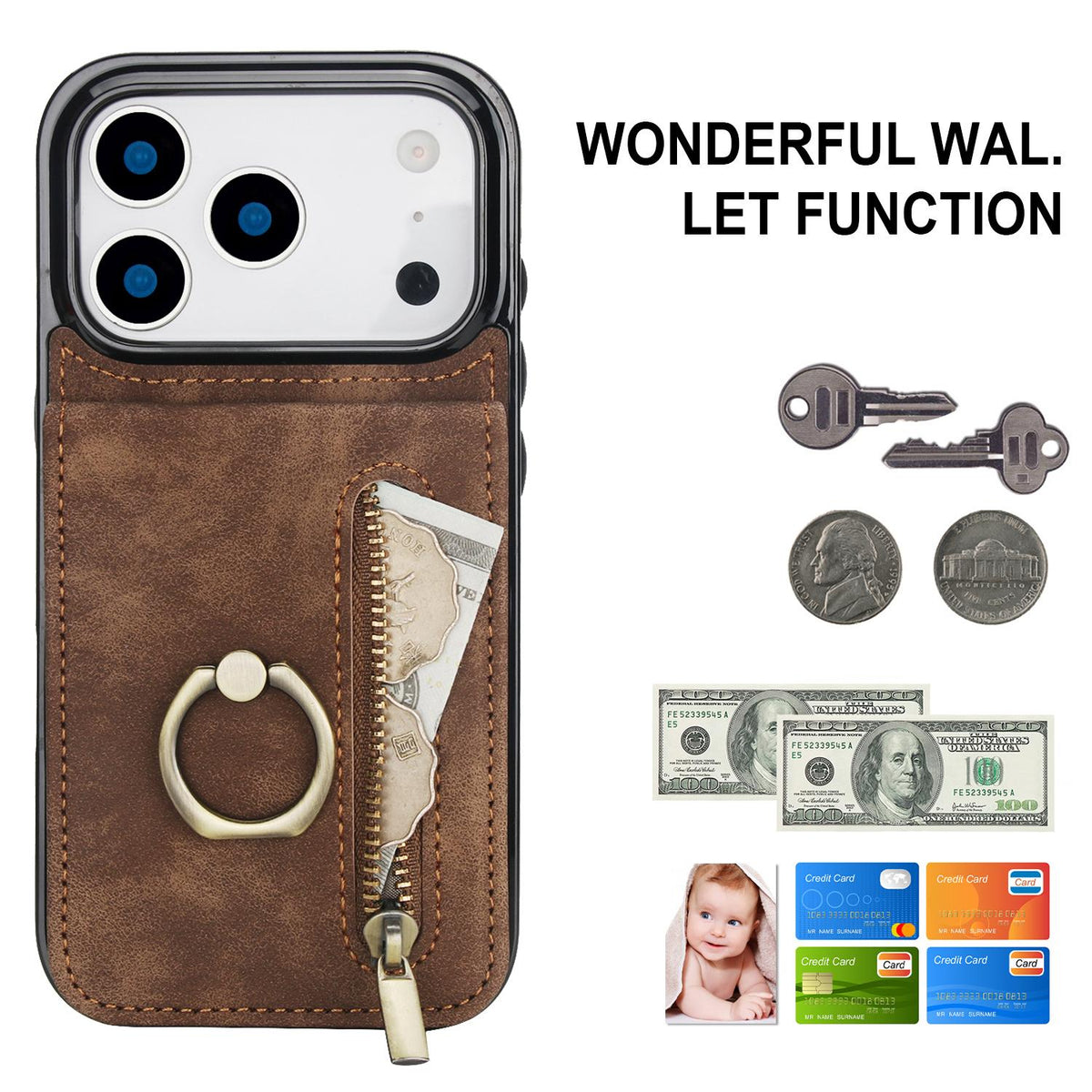 Compatible with iPhone 18 Pro Max & 17 Pro Max Retro Ring and Zipper RFID Card Slot Phone Case - Brown