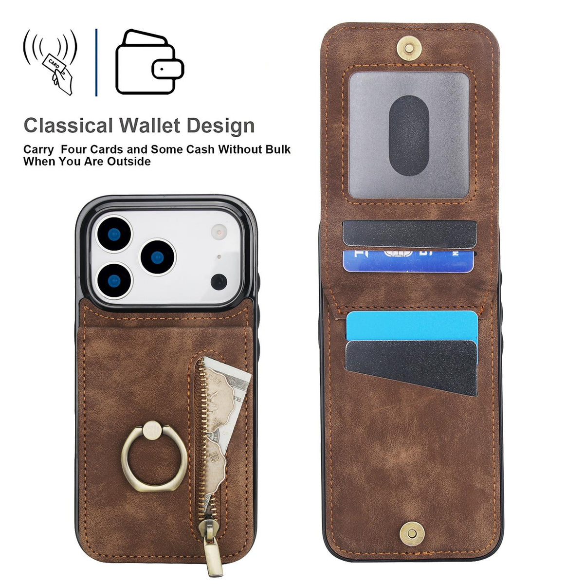 Compatible with iPhone 18 Pro Max & 17 Pro Max Retro Ring and Zipper RFID Card Slot Phone Case - Brown