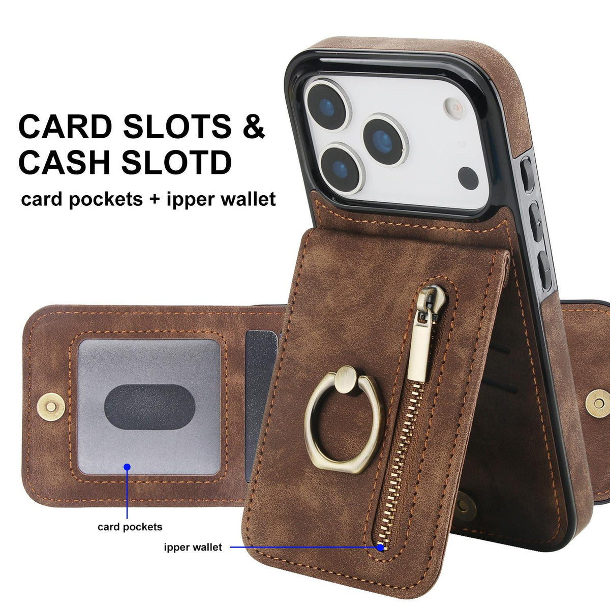 Compatible with iPhone 18 Pro Max & 17 Pro Max Retro Ring and Zipper RFID Card Slot Phone Case - Brown