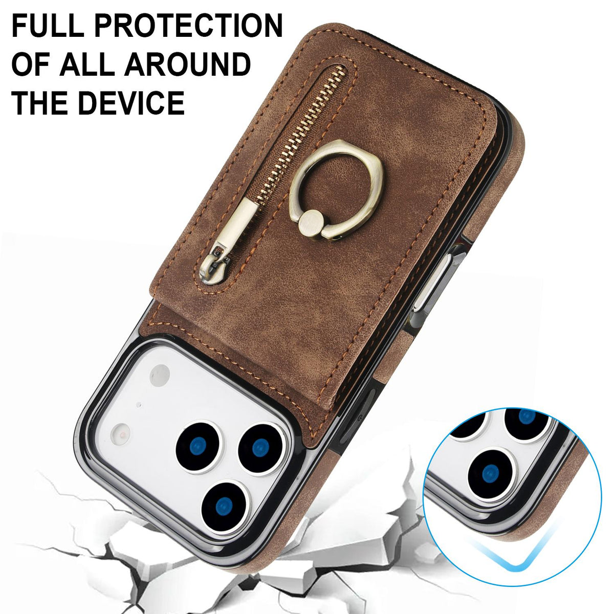 Compatible with iPhone 18 Pro Max & 17 Pro Max Retro Ring and Zipper RFID Card Slot Phone Case - Brown
