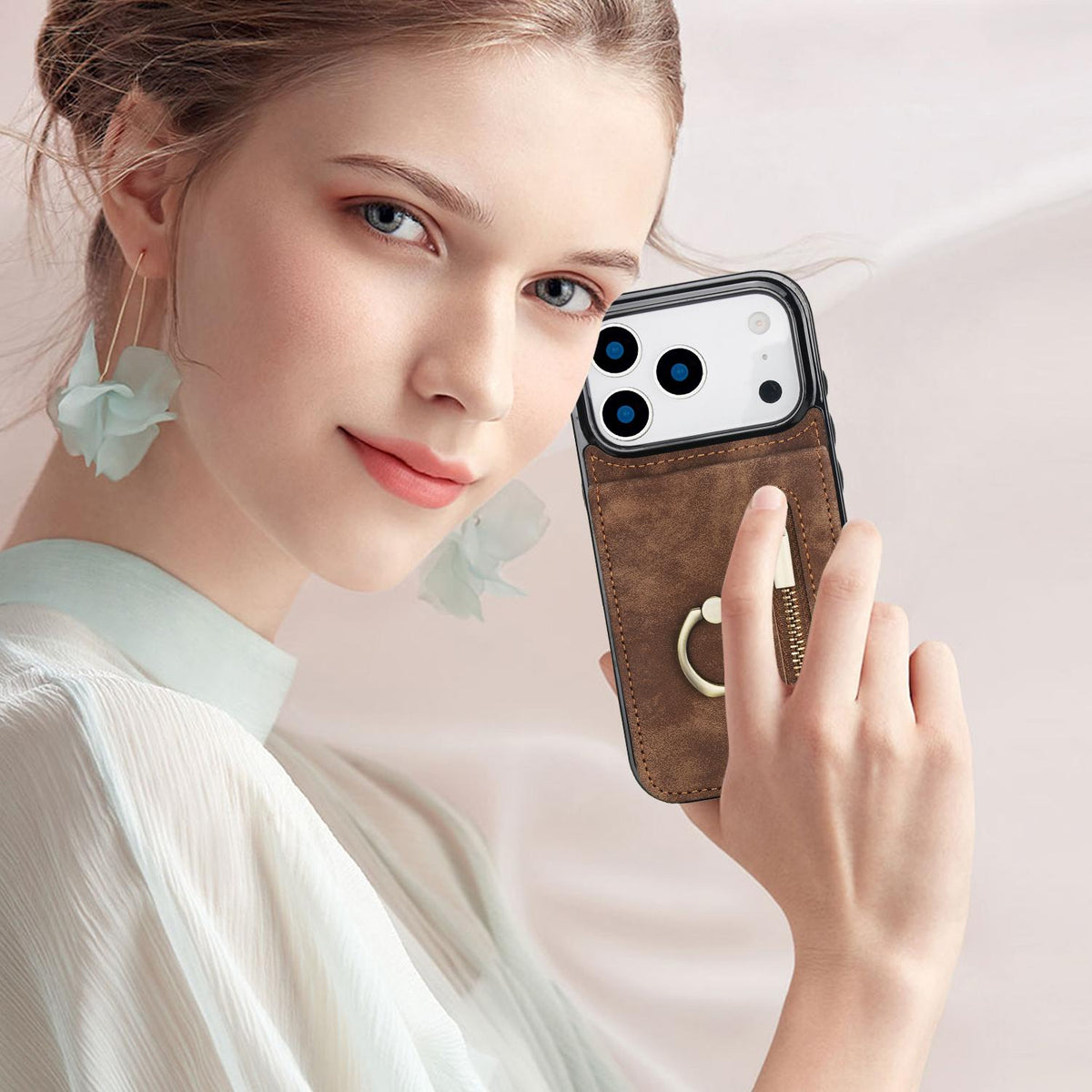Compatible with iPhone 18 Pro Max & 17 Pro Max Retro Ring and Zipper RFID Card Slot Phone Case - Brown