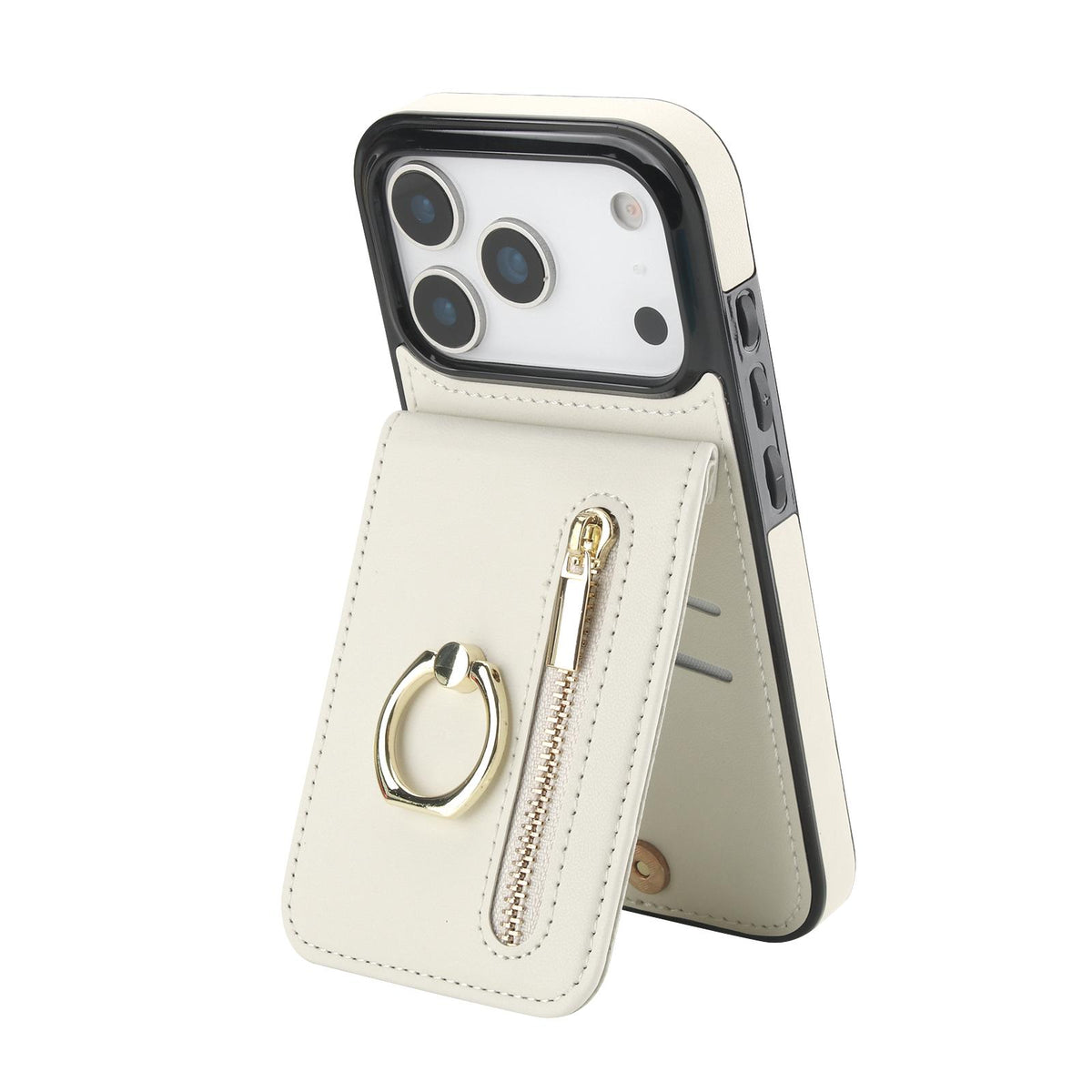 Compatible with iPhone 18 Pro Max & 17 Pro Max Retro Ring and Zipper RFID Card Slot Phone Case - White