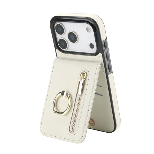 Compatible with iPhone 18 Pro Max & 17 Pro Max Retro Ring and Zipper RFID Card Slot Phone Case - White