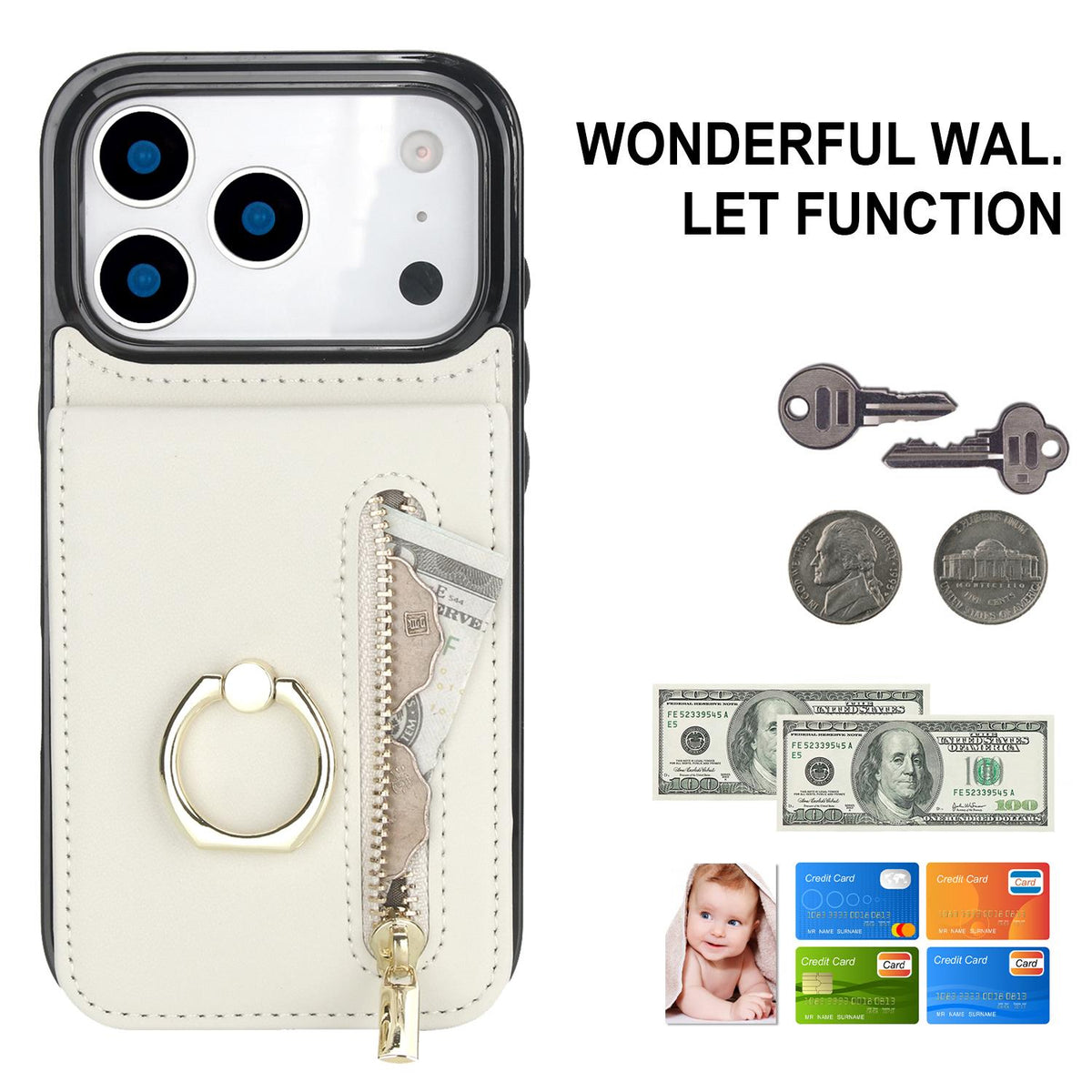 Compatible with iPhone 18 Pro Max & 17 Pro Max Retro Ring and Zipper RFID Card Slot Phone Case - White