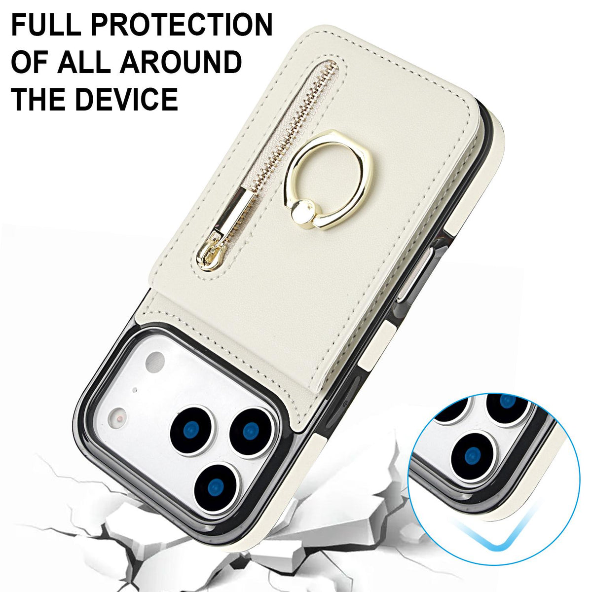 Compatible with iPhone 18 Pro Max & 17 Pro Max Retro Ring and Zipper RFID Card Slot Phone Case - White