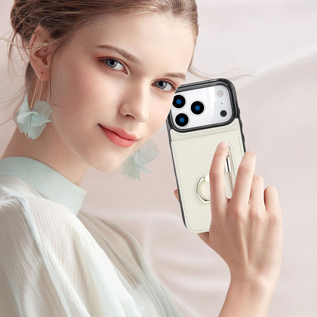 Compatible with iPhone 18 Pro Max & 17 Pro Max Retro Ring and Zipper RFID Card Slot Phone Case - White