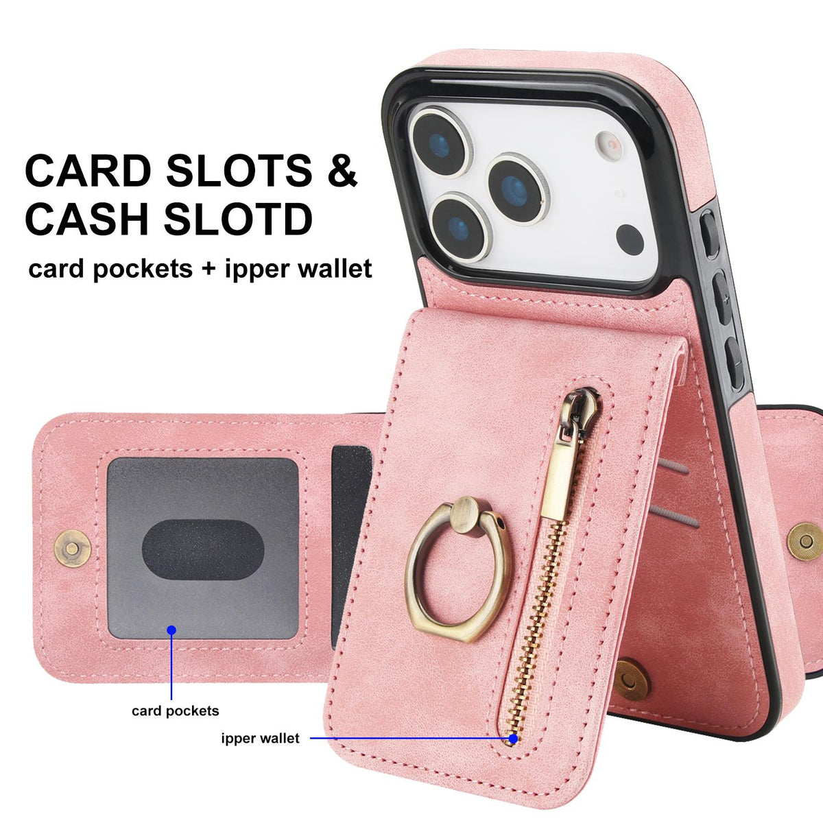 Compatible with iPhone 18 Pro & 17 Pro Retro Ring and Zipper RFID Card Slot Phone Case - Pink