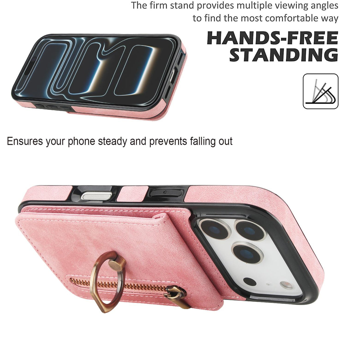 Compatible with iPhone 18 Pro & 17 Pro Retro Ring and Zipper RFID Card Slot Phone Case - Pink