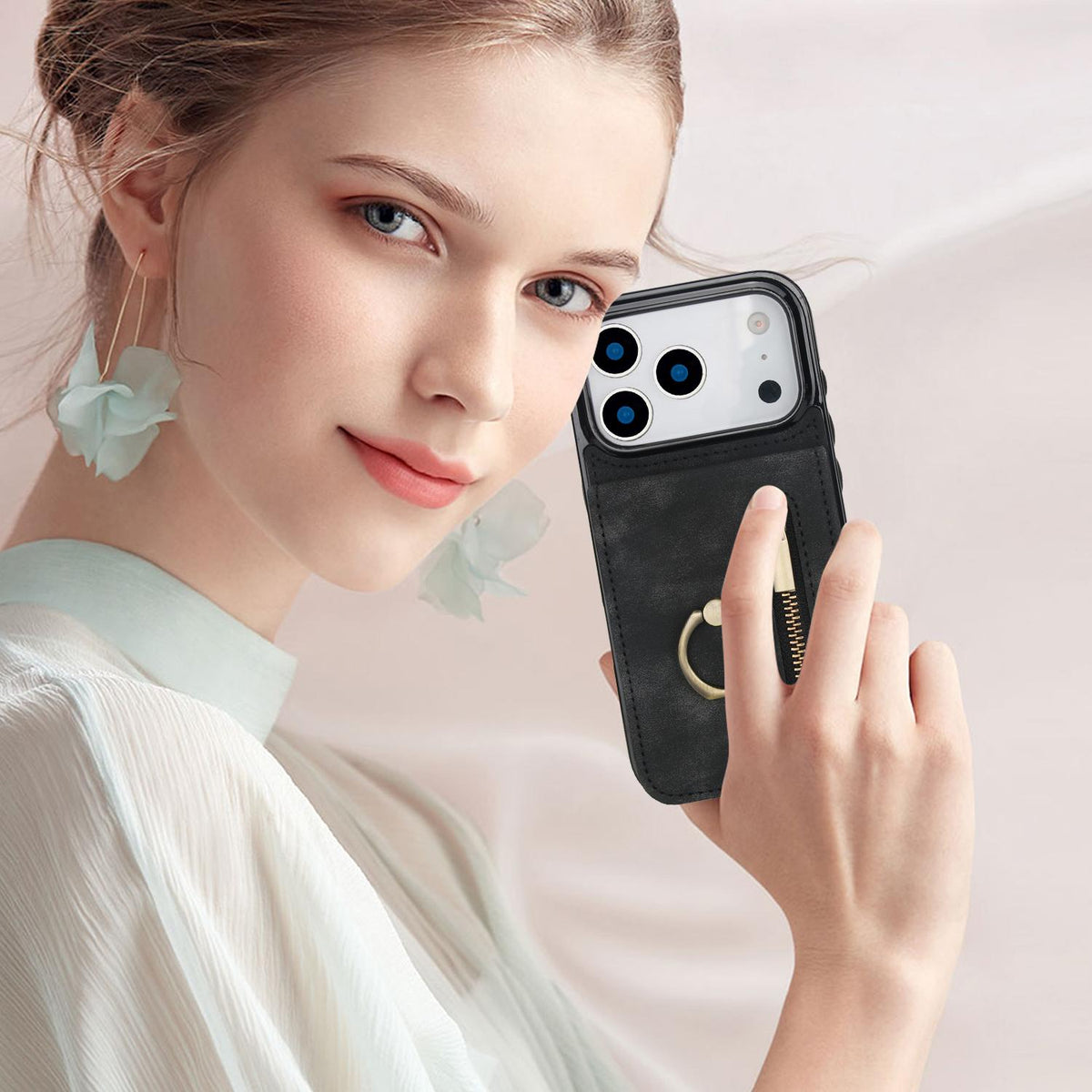 Compatible with iPhone 18 Pro & 17 Pro Retro Ring and Zipper RFID Card Slot Phone Case - Black