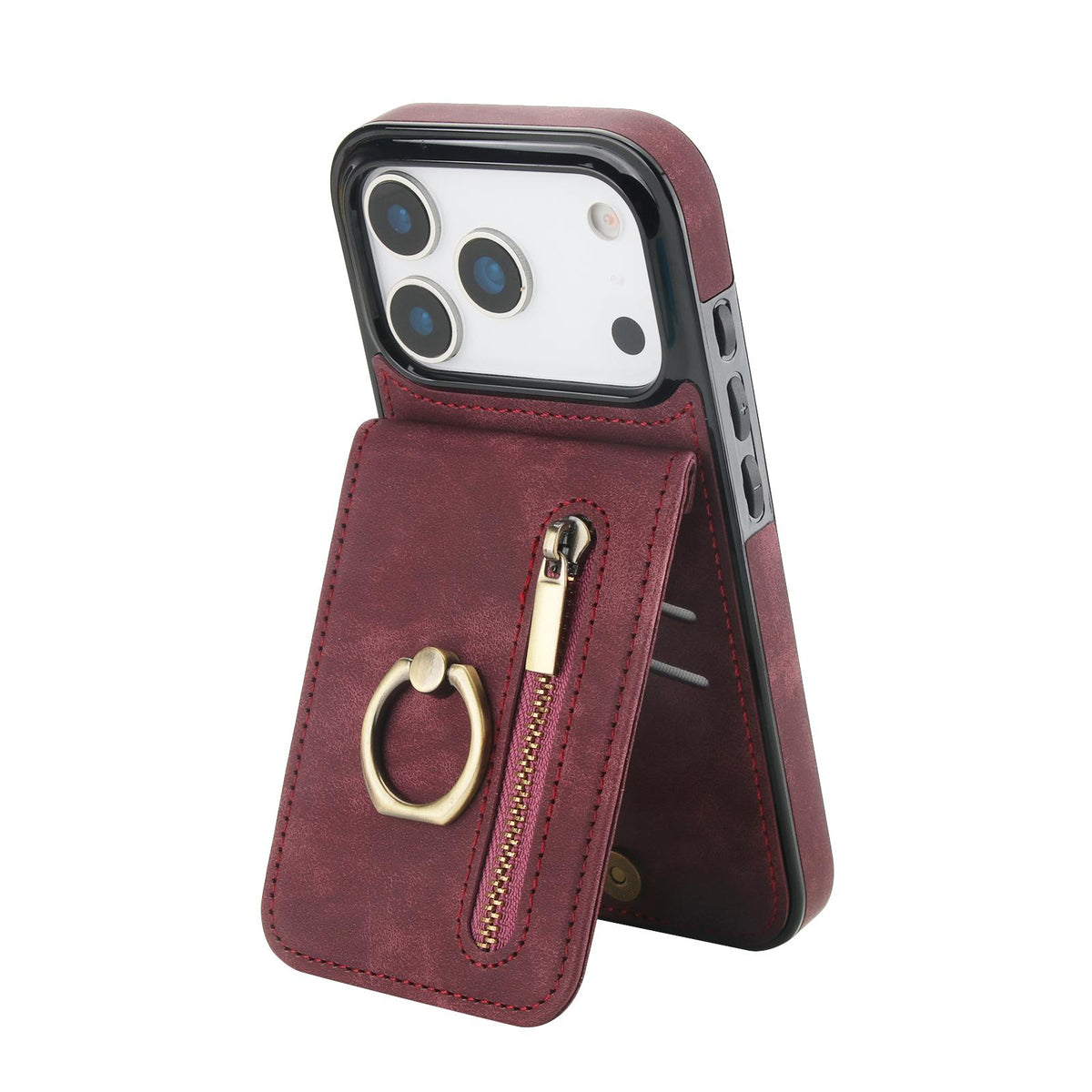Compatible with iPhone 18 Pro & 17 Pro Retro Ring and Zipper RFID Card Slot Phone Case - Wine Red