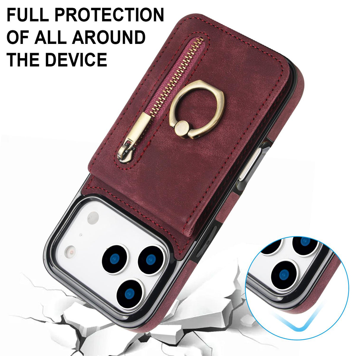 Compatible with iPhone 18 Pro & 17 Pro Retro Ring and Zipper RFID Card Slot Phone Case - Wine Red