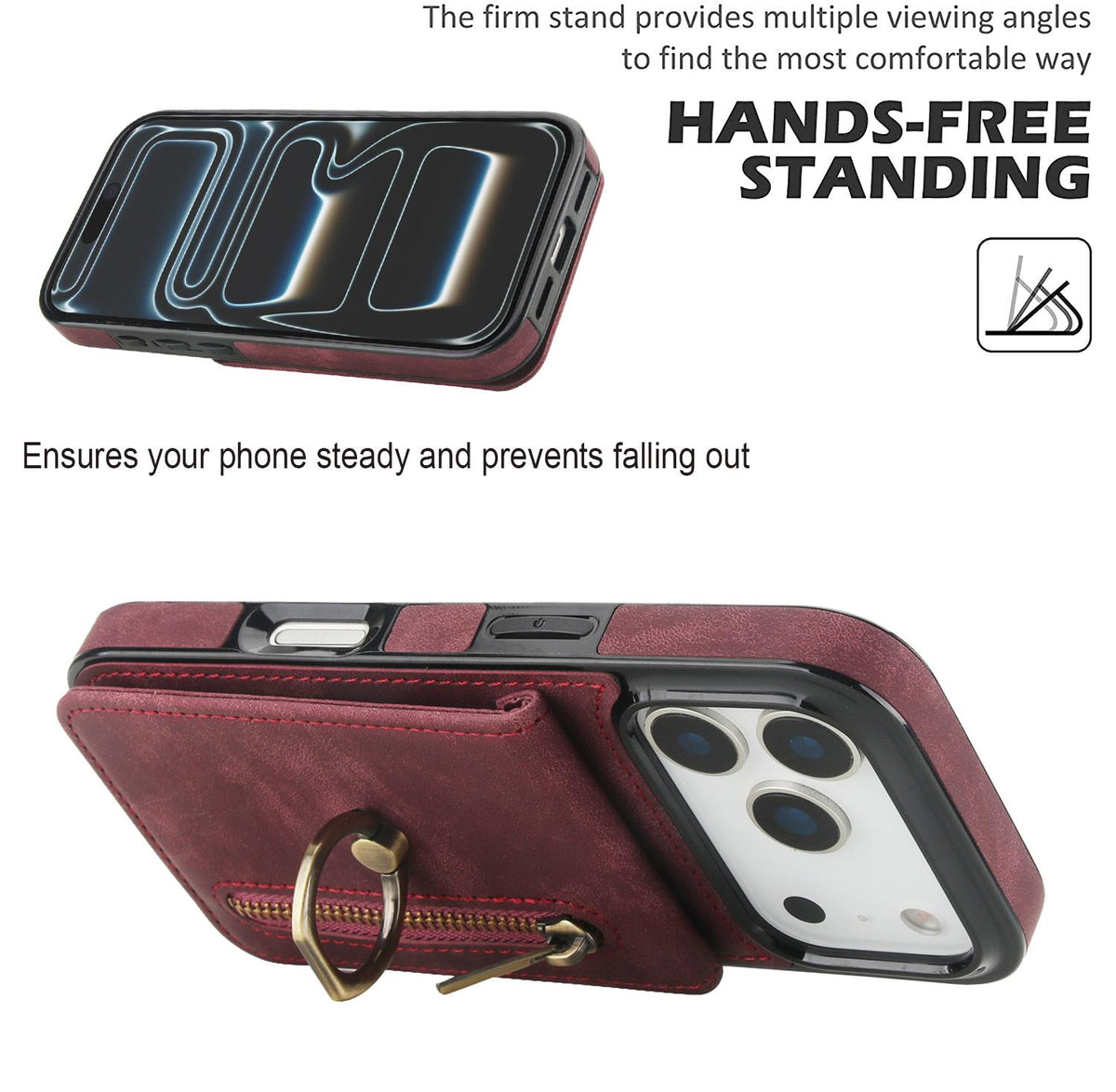 Compatible with iPhone 18 Pro & 17 Pro Retro Ring and Zipper RFID Card Slot Phone Case - Wine Red