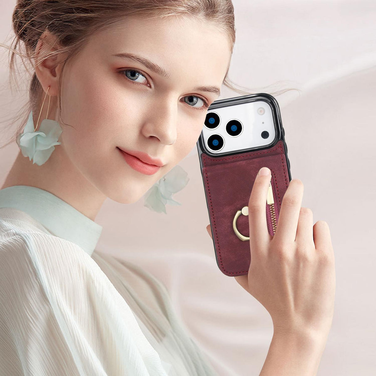 Compatible with iPhone 18 Pro & 17 Pro Retro Ring and Zipper RFID Card Slot Phone Case - Wine Red
