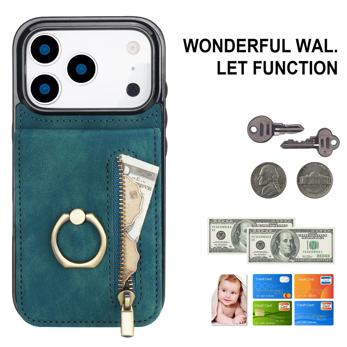 Compatible with iPhone 18 Pro & 17 Pro Retro Ring and Zipper RFID Card Slot Phone Case - Blue