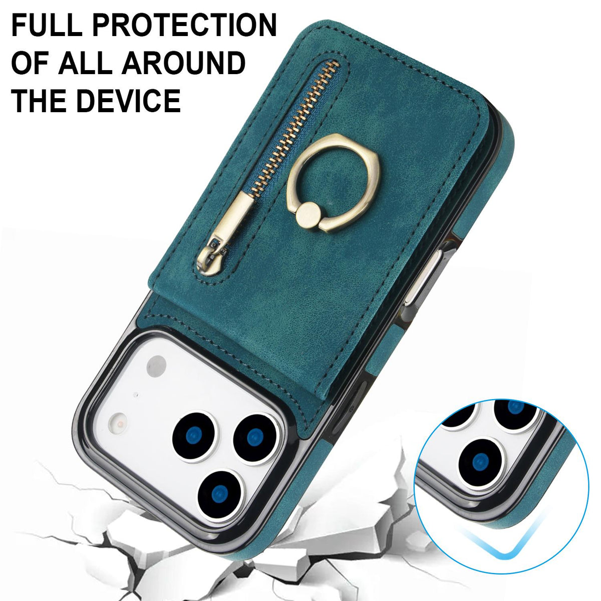 Compatible with iPhone 18 Pro & 17 Pro Retro Ring and Zipper RFID Card Slot Phone Case - Blue