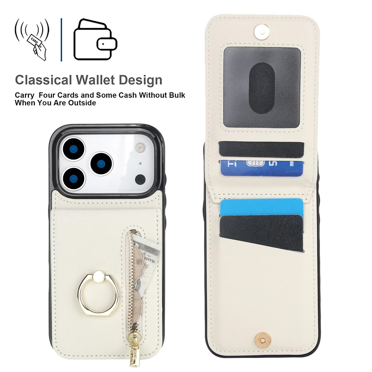 Compatible with iPhone 18 Pro & 17 Pro Retro Ring and Zipper RFID Card Slot Phone Case - White