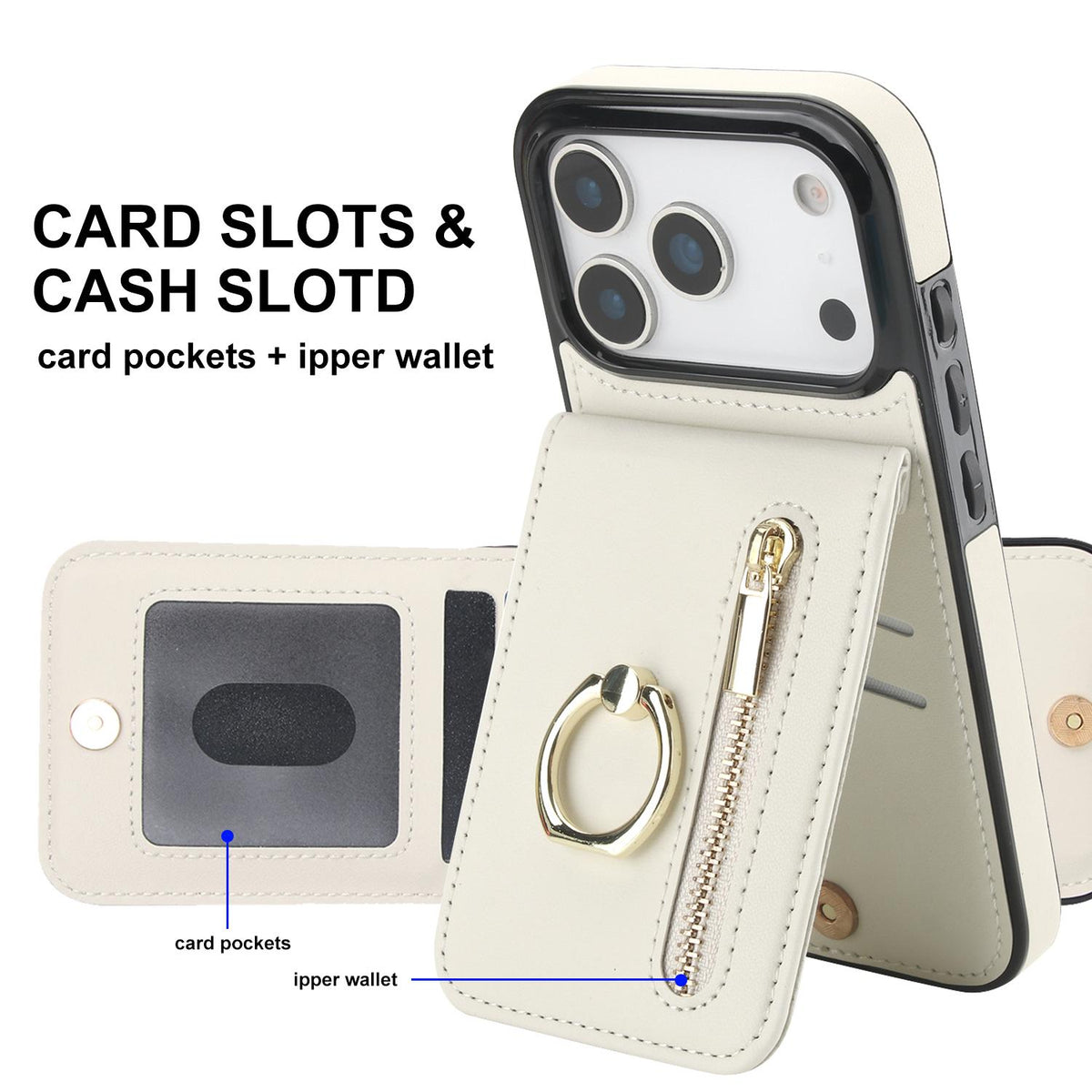 Compatible with iPhone 18 Pro & 17 Pro Retro Ring and Zipper RFID Card Slot Phone Case - White