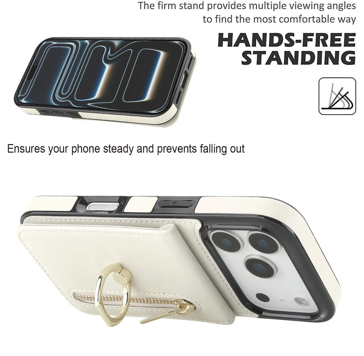 Compatible with iPhone 18 Pro & 17 Pro Retro Ring and Zipper RFID Card Slot Phone Case - White