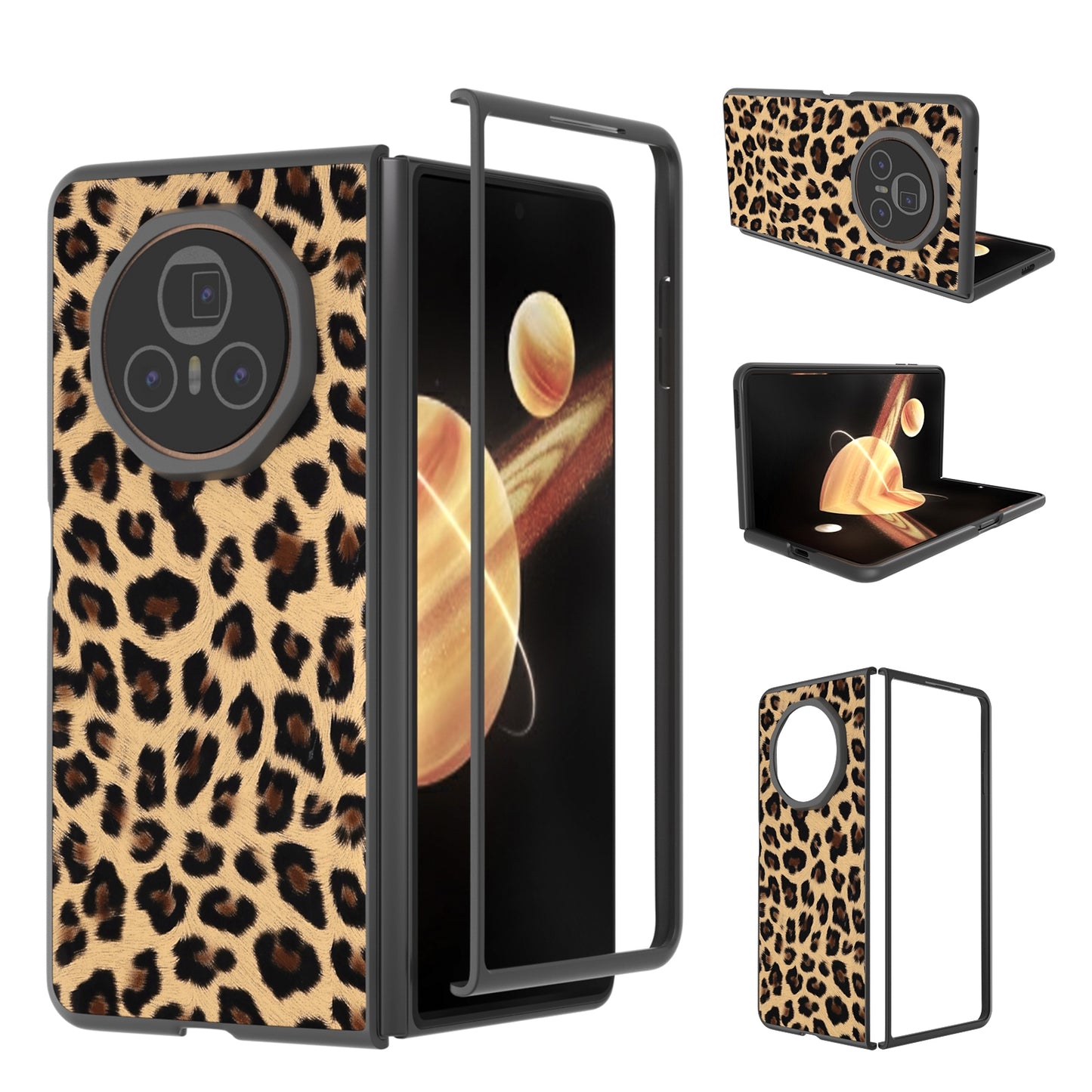 For Honor Magic V3 Black Edge Leopard PU Phone Case(Golden)