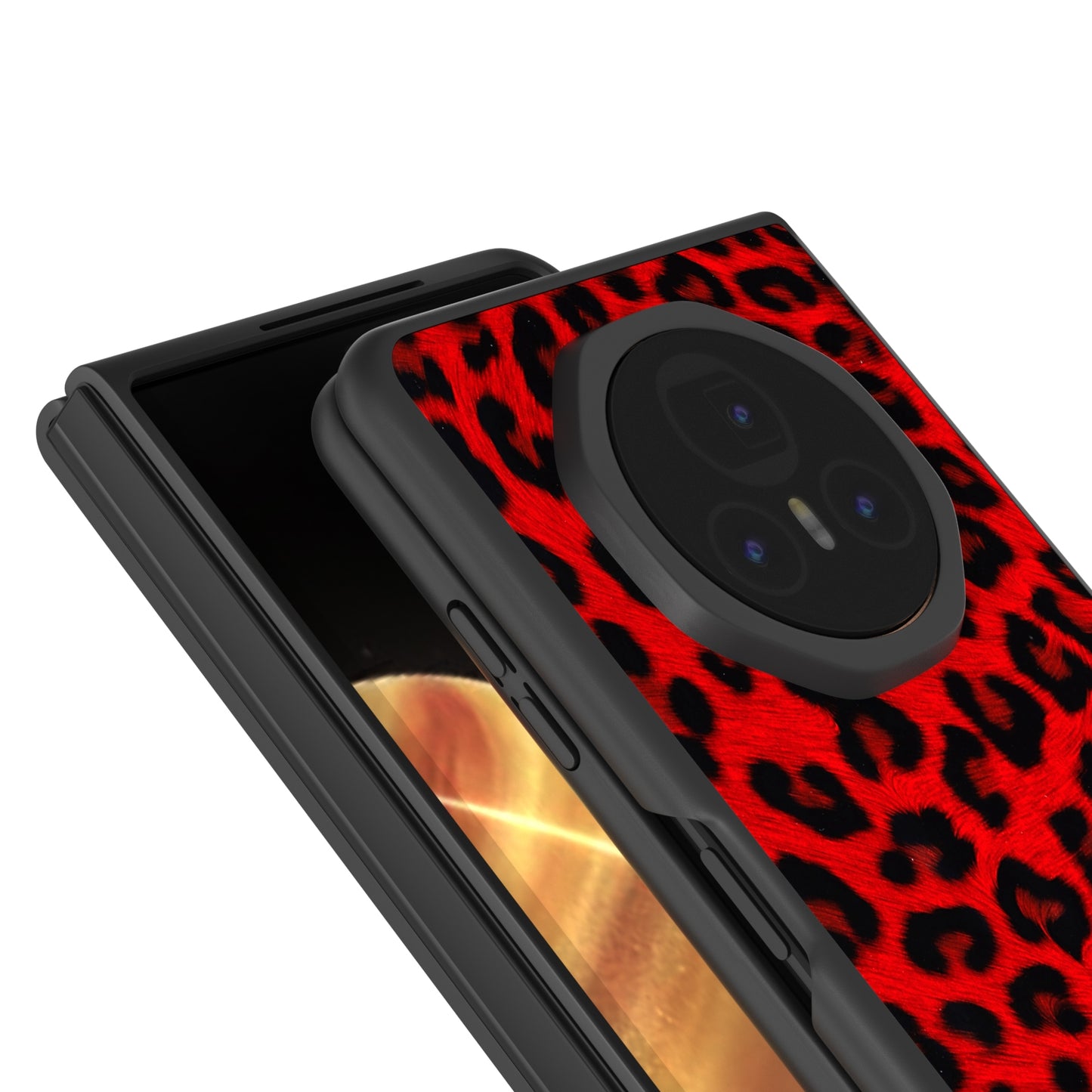 For Honor Magic V3 Black Edge Leopard PU Phone Case(Red)