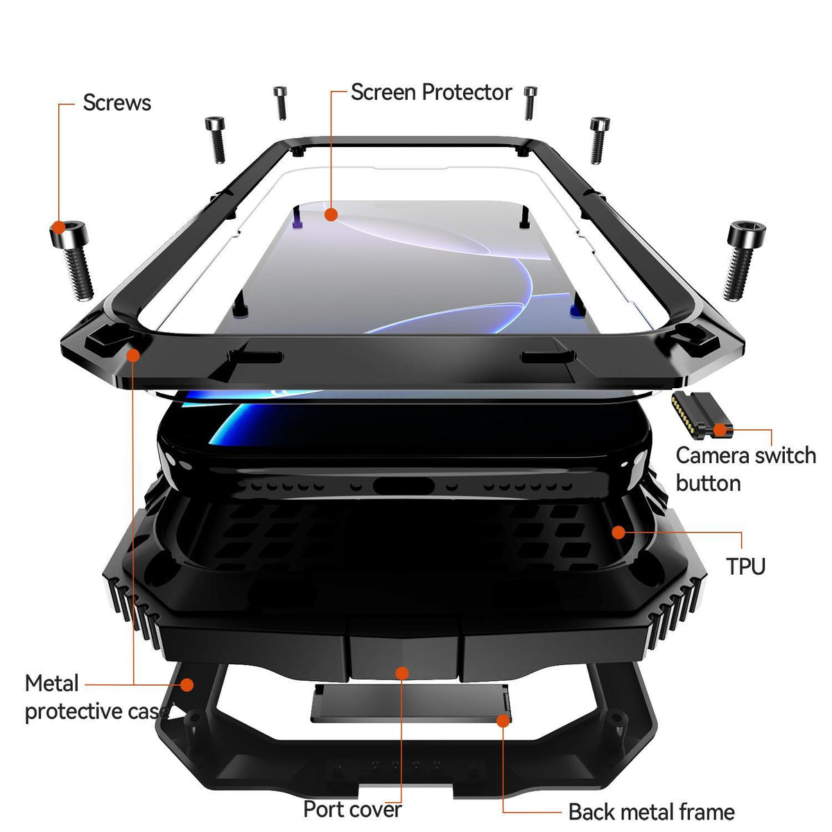 Compatible with iPhone 18 Pro Max R-JUST Metal + Silicone + Tempered Glass Life Waterproof Phone Case with Holder - Black
