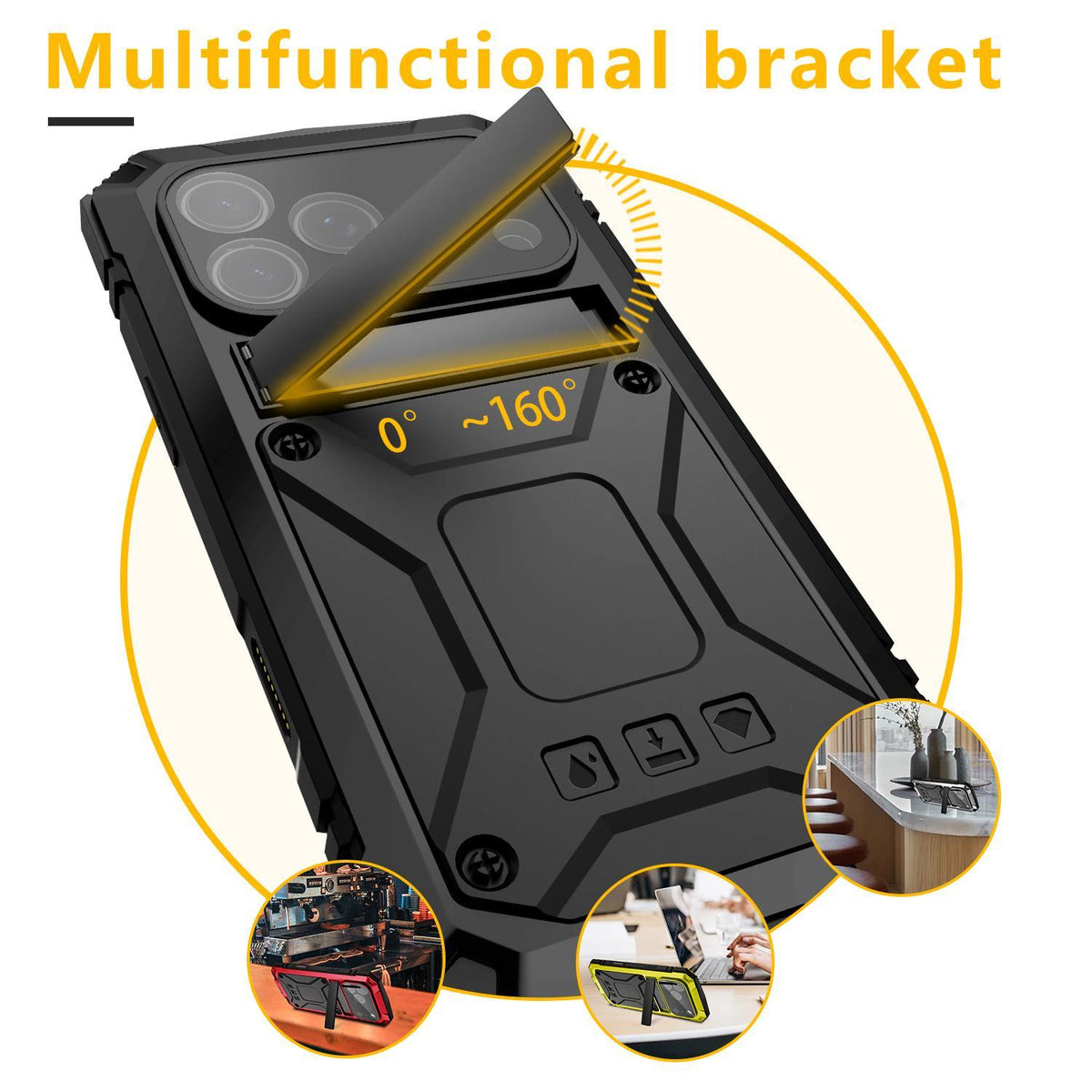 Compatible with iPhone 18 Pro Max R-JUST Metal + Silicone + Tempered Glass Life Waterproof Phone Case with Holder - Black