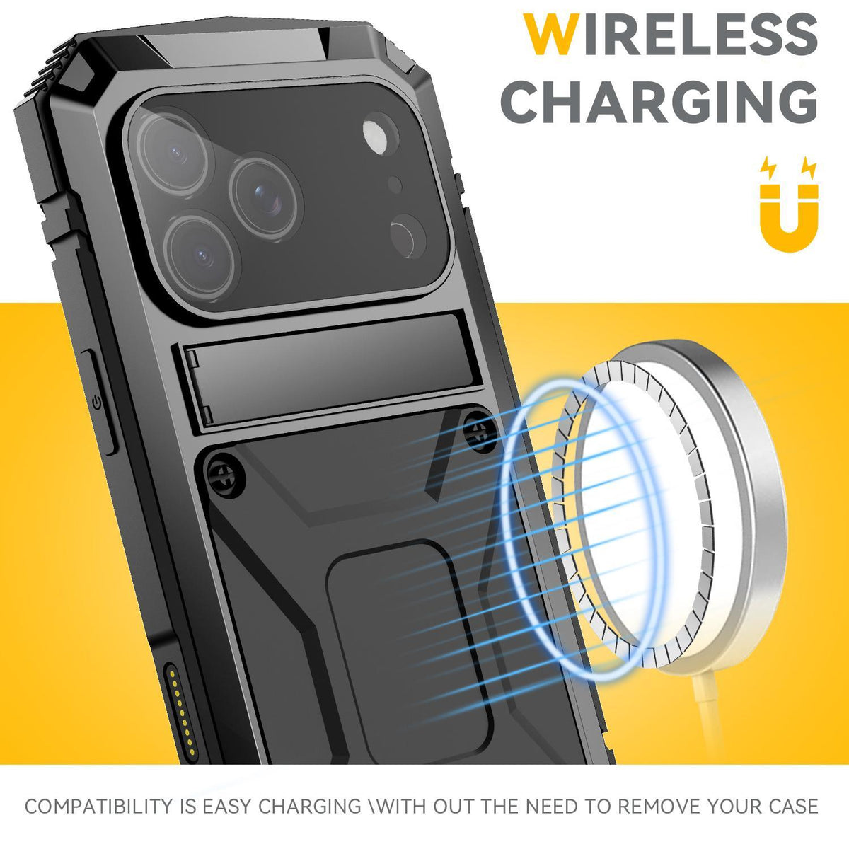 Compatible with iPhone 18 Pro Max R-JUST Metal + Silicone + Tempered Glass Life Waterproof Phone Case with Holder - Black