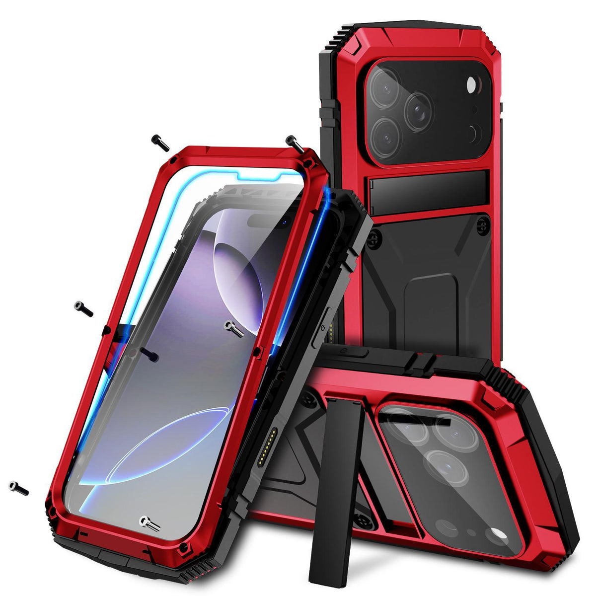Compatible with iPhone 18 Pro Max R-JUST Metal + Silicone + Tempered Glass Life Waterproof Phone Case with Holder - Red