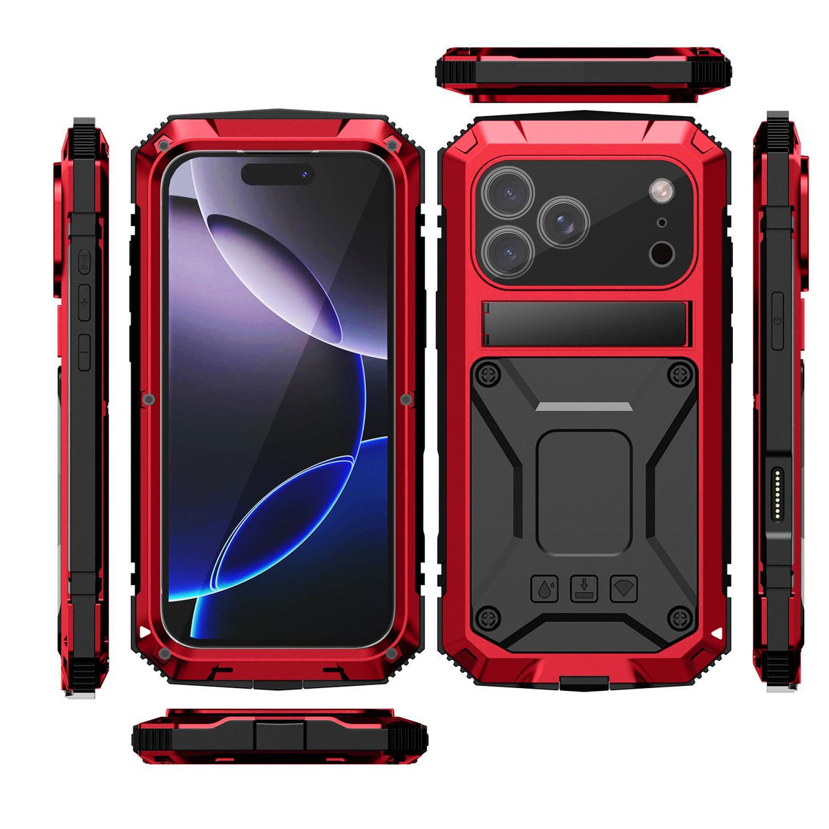 Compatible with iPhone 18 Pro Max R-JUST Metal + Silicone + Tempered Glass Life Waterproof Phone Case with Holder - Red