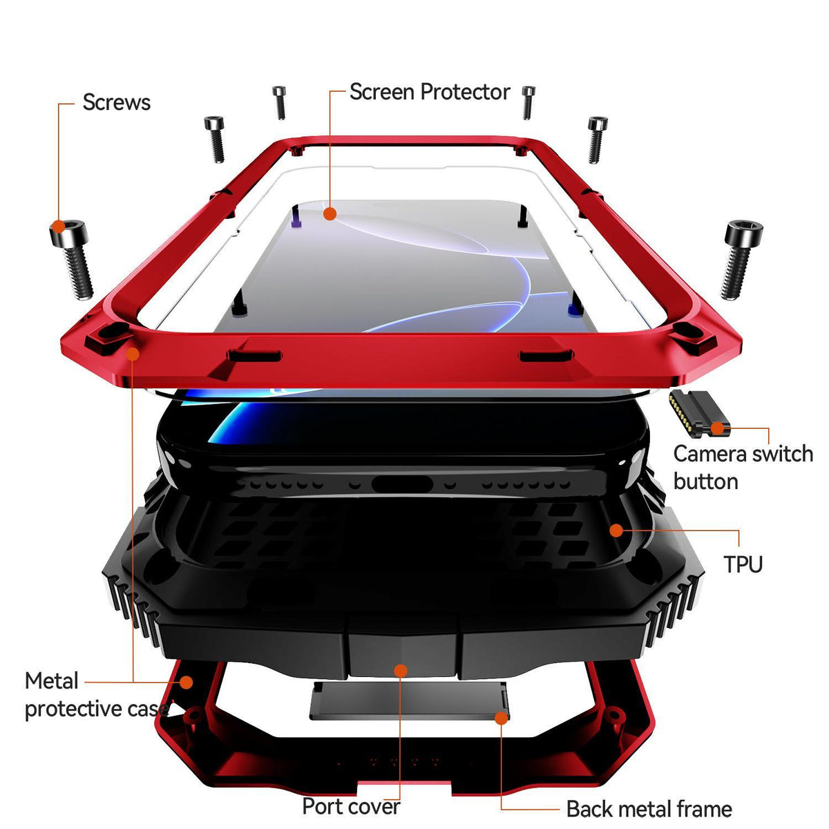 Compatible with iPhone 18 Pro Max R-JUST Metal + Silicone + Tempered Glass Life Waterproof Phone Case with Holder - Red