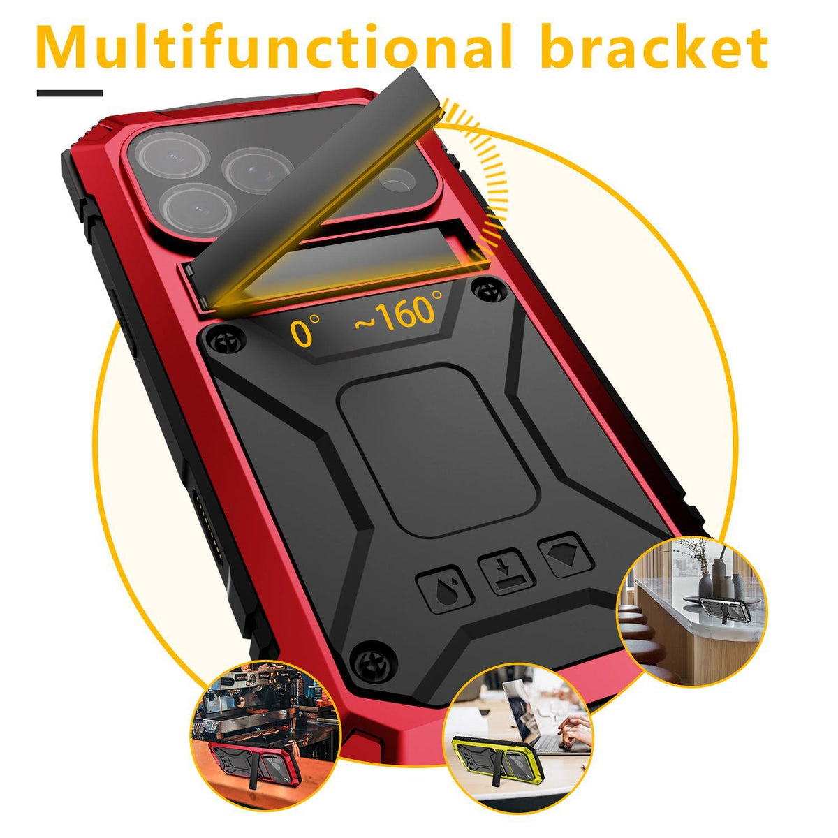 Compatible with iPhone 18 Pro Max R-JUST Metal + Silicone + Tempered Glass Life Waterproof Phone Case with Holder - Red