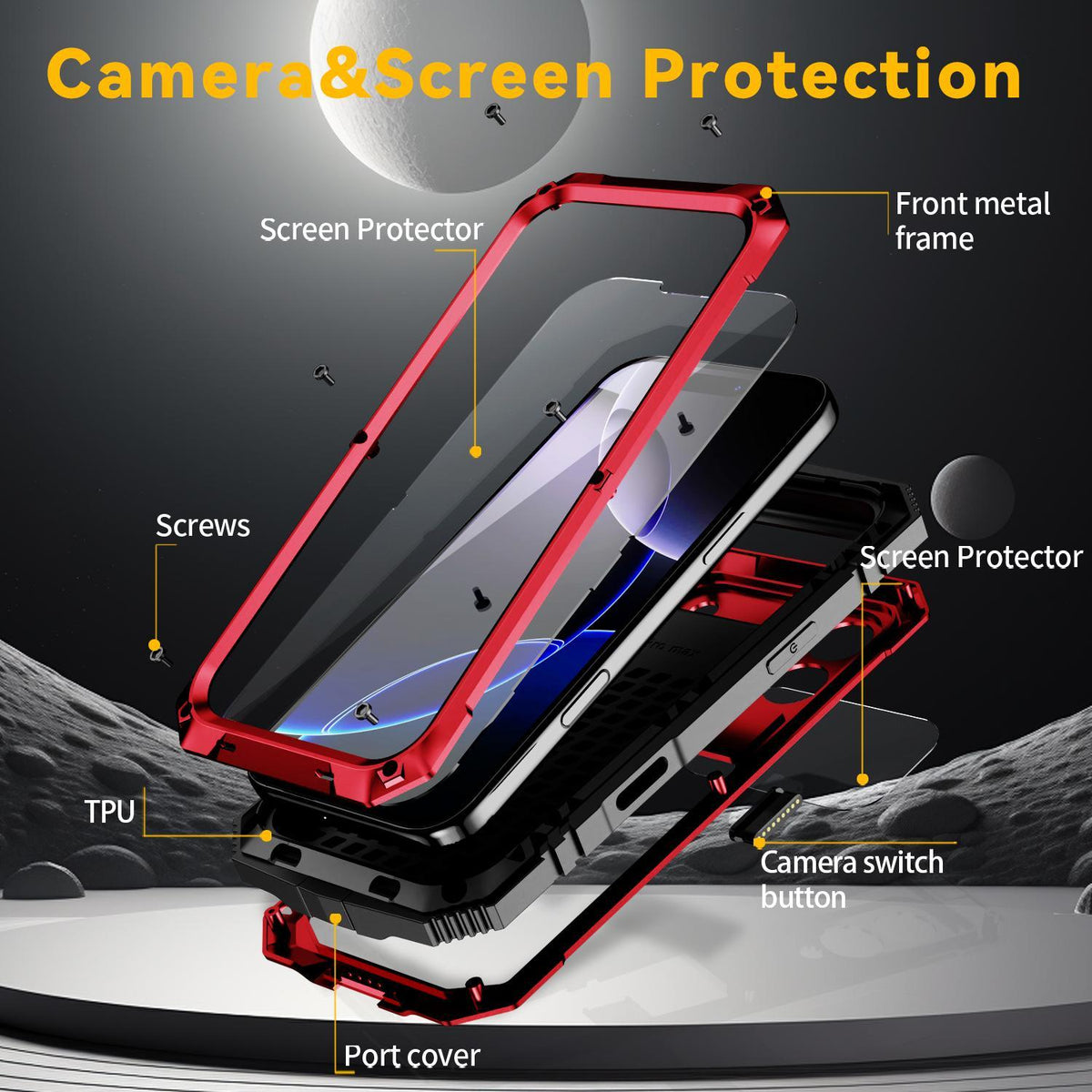 Compatible with iPhone 18 Pro Max R-JUST Metal + Silicone + Tempered Glass Life Waterproof Phone Case with Holder - Red
