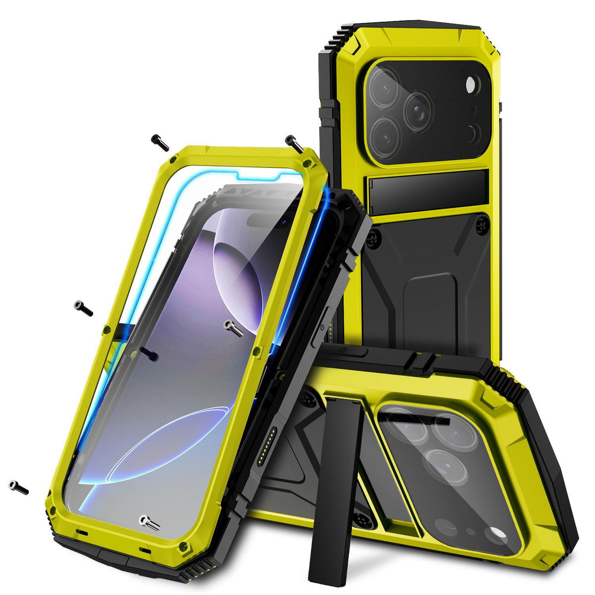 Compatible with iPhone 18 Pro Max R-JUST Metal + Silicone + Tempered Glass Life Waterproof Phone Case with Holder - Yellow