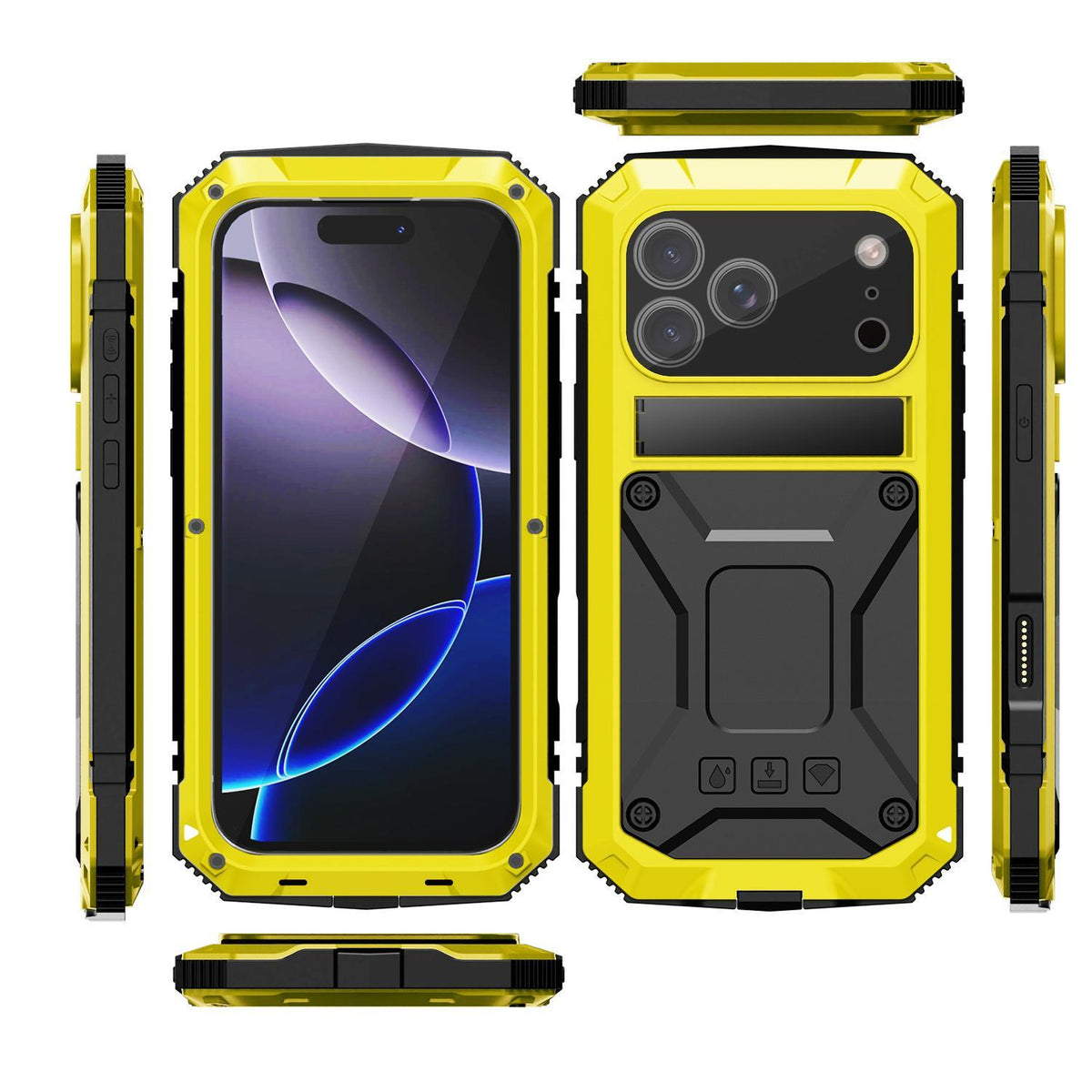 Compatible with iPhone 18 Pro Max R-JUST Metal + Silicone + Tempered Glass Life Waterproof Phone Case with Holder - Yellow