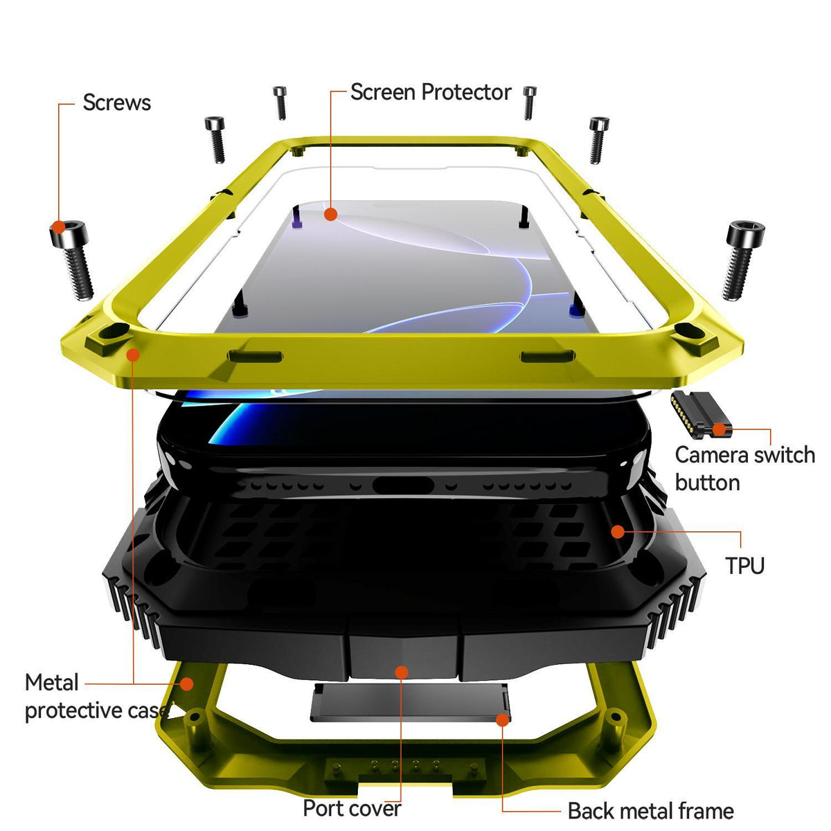 Compatible with iPhone 18 Pro Max R-JUST Metal + Silicone + Tempered Glass Life Waterproof Phone Case with Holder - Yellow