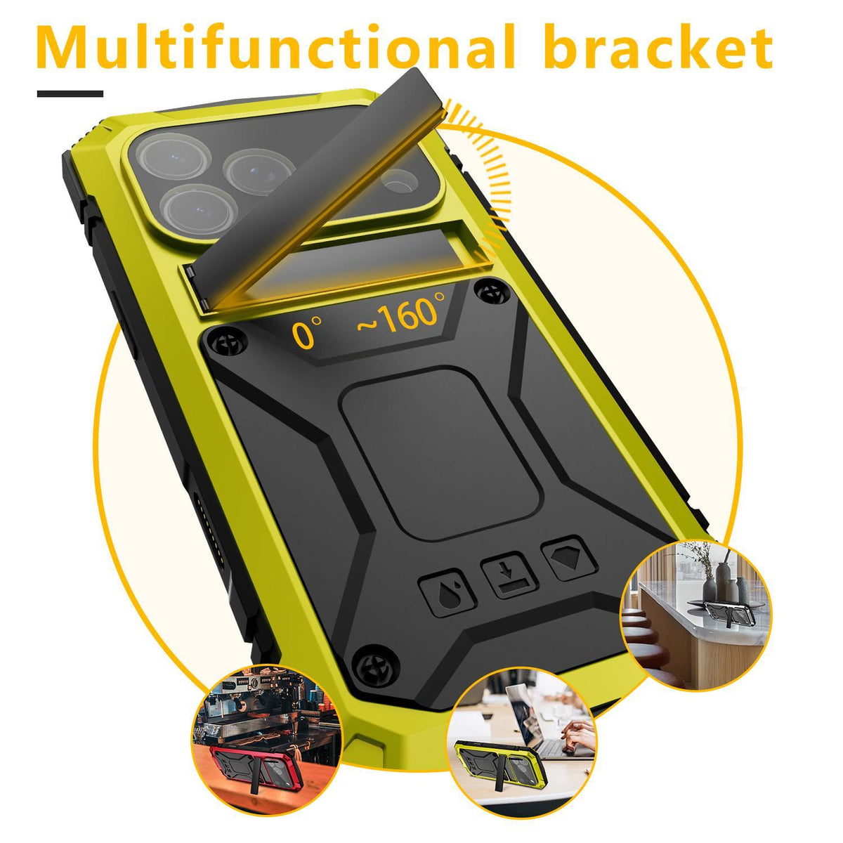 Compatible with iPhone 18 Pro Max R-JUST Metal + Silicone + Tempered Glass Life Waterproof Phone Case with Holder - Yellow