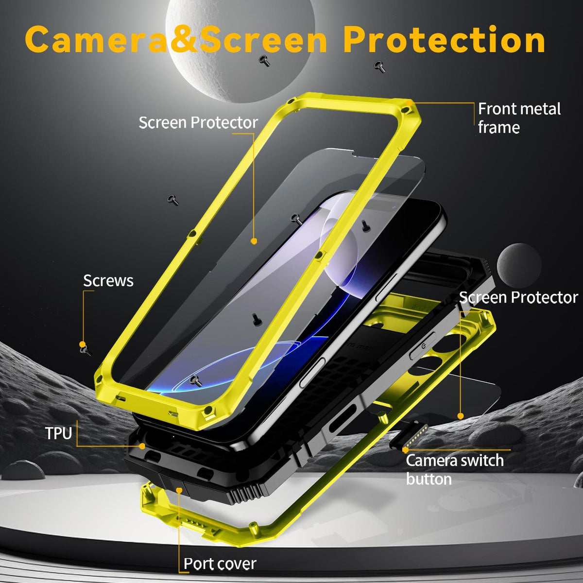 Compatible with iPhone 18 Pro Max R-JUST Metal + Silicone + Tempered Glass Life Waterproof Phone Case with Holder - Yellow