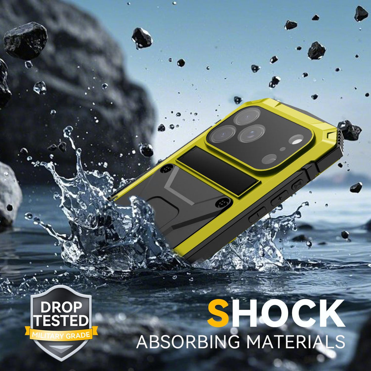Compatible with iPhone 18 Pro Max R-JUST Metal + Silicone + Tempered Glass Life Waterproof Phone Case with Holder - Yellow
