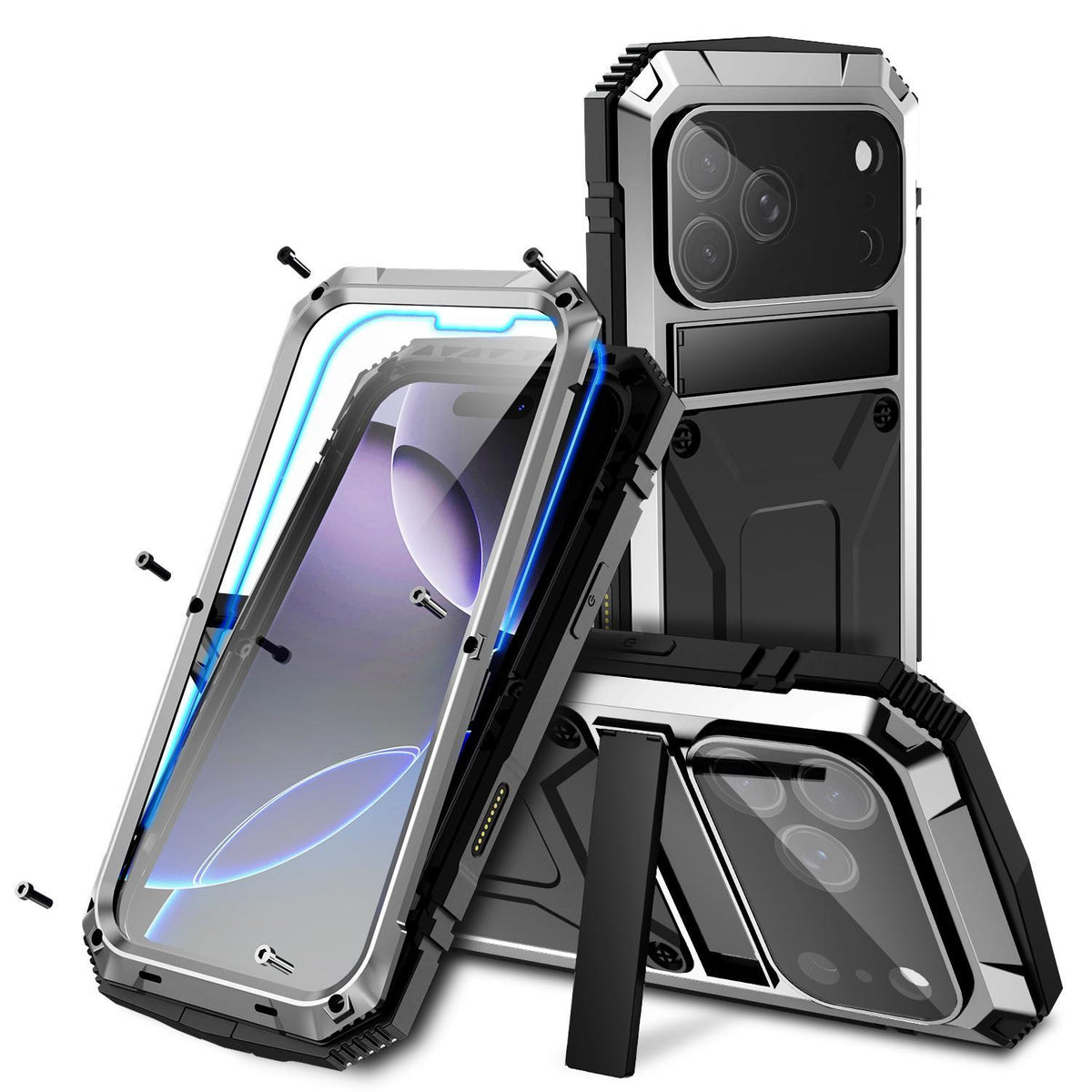 Compatible with iPhone 18 Pro Max R-JUST Metal + Silicone + Tempered Glass Life Waterproof Phone Case with Holder - Silver