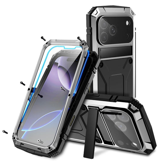 Compatible with iPhone 18 Pro Max R-JUST Metal + Silicone + Tempered Glass Life Waterproof Phone Case with Holder - Silver