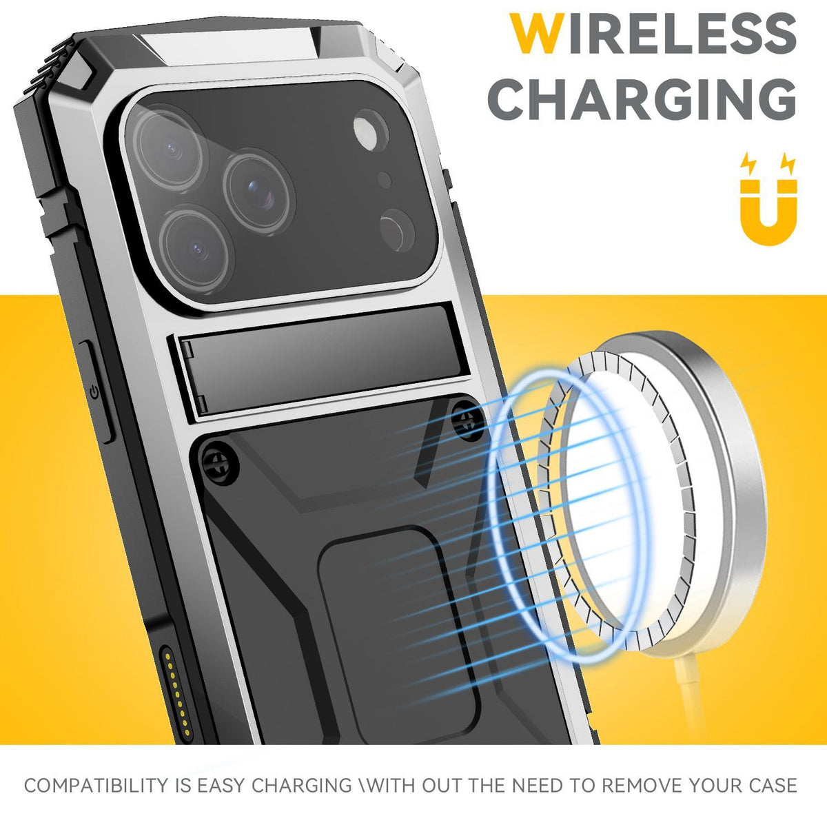 Compatible with iPhone 18 Pro Max R-JUST Metal + Silicone + Tempered Glass Life Waterproof Phone Case with Holder - Silver
