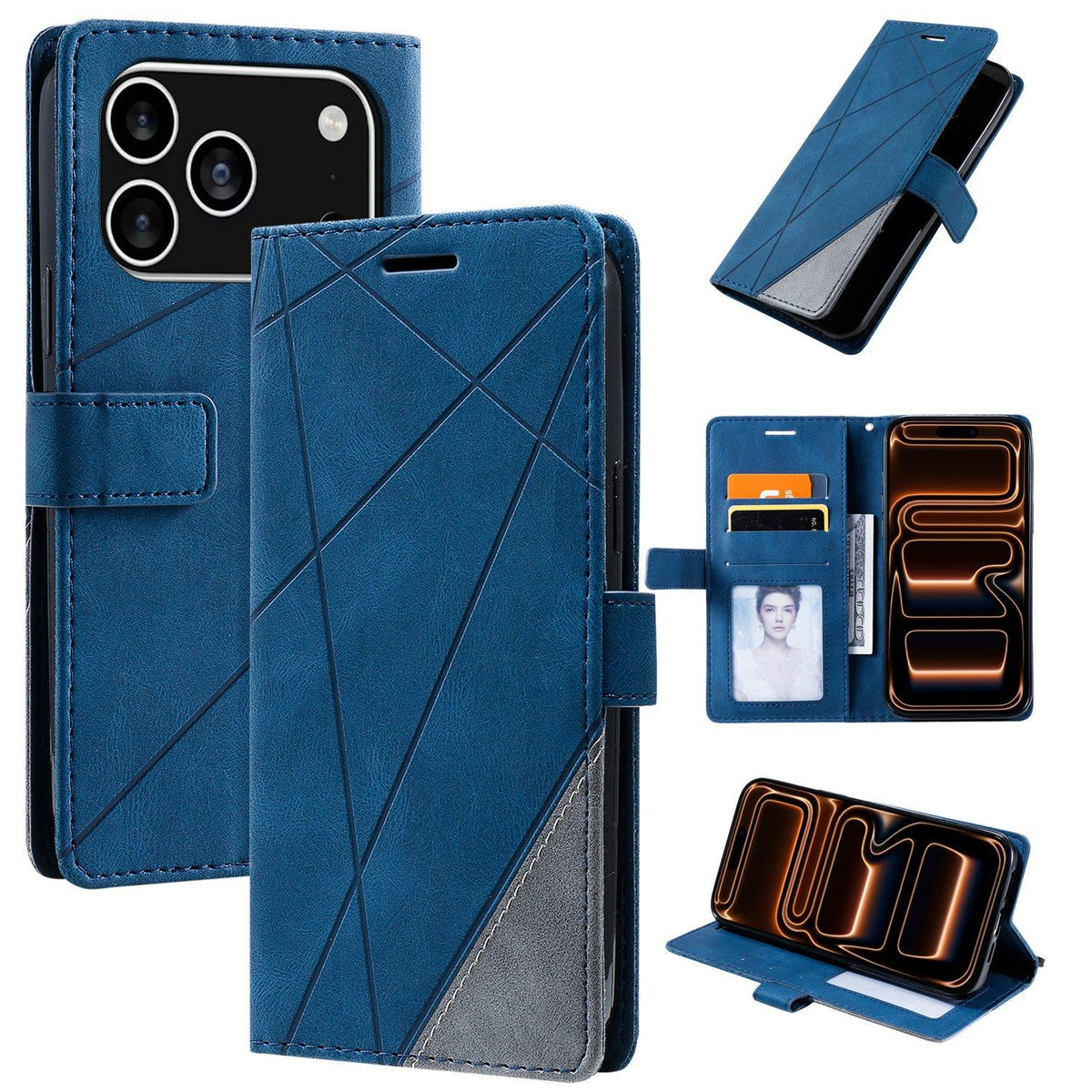 Compatible with iPhone 18 Pro Max Skin Feel Splicing Leather Phone Case - Blue