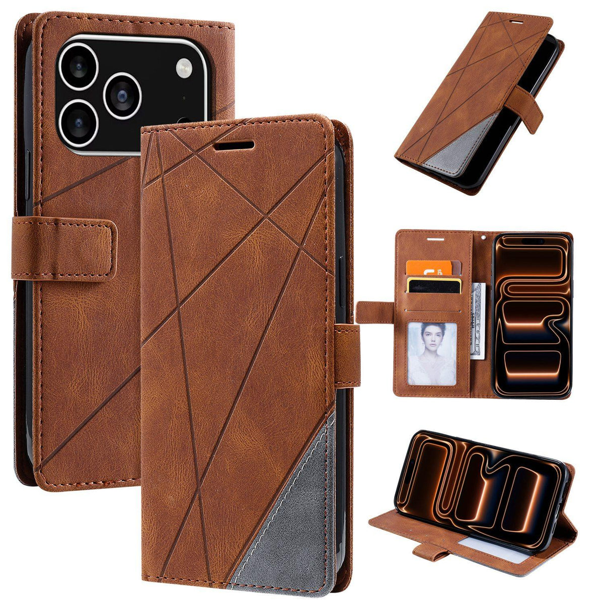 Compatible with iPhone 18 Pro Max Skin Feel Splicing Leather Phone Case - Brown