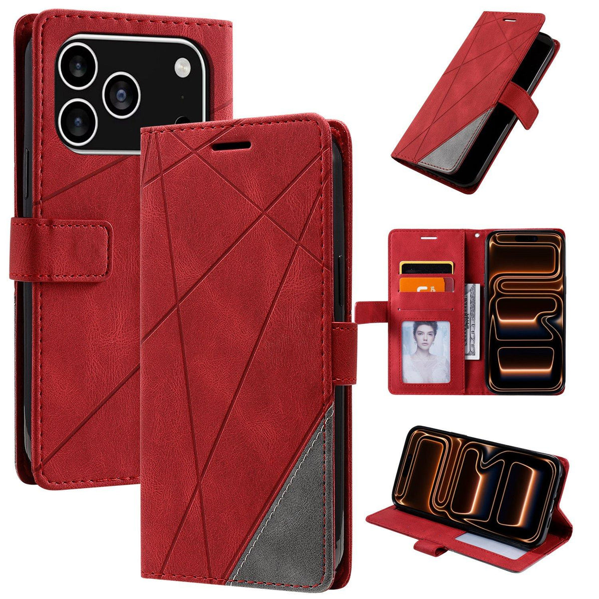 Compatible with iPhone 18 Pro Skin Feel Splicing Leather Phone Case - Red