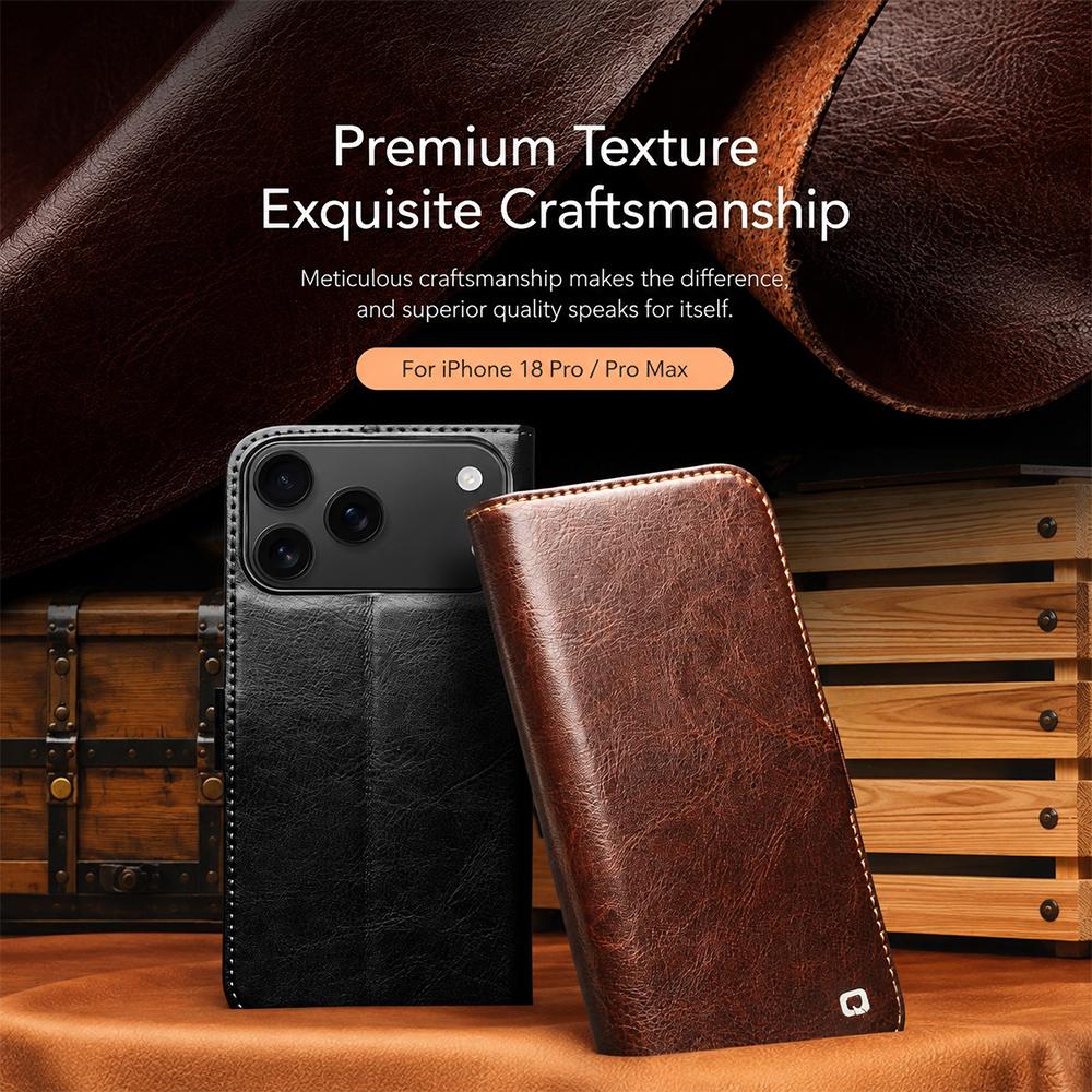 Compatible with iPhone 18 Pro Max QIALINO Classic 103 Buckle  Leather Phone Case - Black