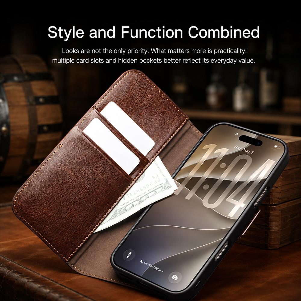 Compatible with iPhone 18 Pro Max QIALINO Classic 103 Buckle  Leather Phone Case - Brown